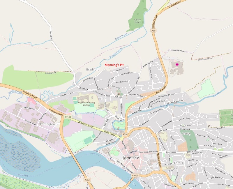 Map of North West Barnstaple shwoing Manning's Pit
                in red.